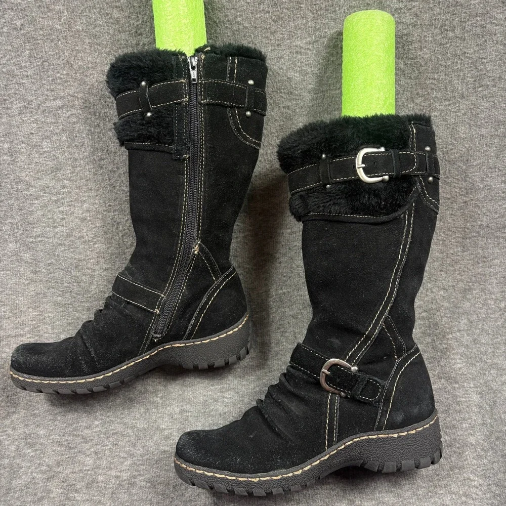 BareTraps Bakan Women 8M Black Suede‎ Faux Fur Lined Mid Calf Boots Cozycore
